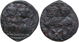 Leo IV the Khazar, with Constantine VI (775-780). AE Follis, Constantinople mint. Obv. Leo IV and Constantine VI enthroned facing, both crowned; betwe...