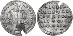 Basil II Bulgaroktonos, with Constantine VIII (976-1025). AR Miliaresion, Constantinople mint. Obv. Cross crosslet on four steps; to left, bust of Bas...