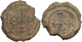 PB Seal, 6th-8th century AD. Obv. Cruciform invocative monogram. Rev. Cruciform invocative monogram. PB. 18.85 g. 28.00 mm. VF.