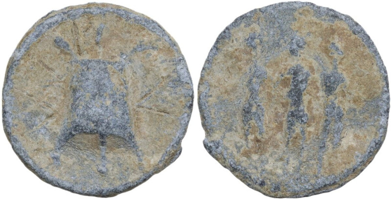 The Roman Empire. PB Tessera, 1st century BC-1st century AD. D/ Modius with thre...