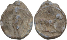The Roman Empire. PB Tessera, 1st century BC-1st century AD. D/ Horse right. R/ Mercury standing left holding caduceus. Rostowzew 771. PB. 4.30 g. 18....
