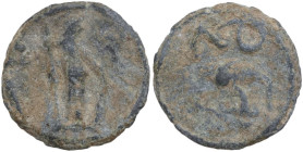 The Roman Empire. PB Tessera, 1st century BC-1st century AD. D/ Figure with spear and shield right. R/ Fish (?); below, QV. PB. 2.09 g. 16.75 mm.