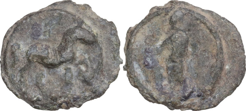 The Roman Empire. PB Tessera, 1st century BC-1st century AD. D/ Horse standing r...