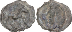 The Roman Empire. PB Tessera, 1st century BC-1st century AD. D/ Horse standing right, one foreleg raised. R/ Mercury (?) standing left, holding purse....