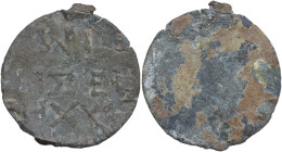 The Byzantine Empire. Lead Seal, c. 5th-7th century AD. D/ HXA/PIΣΕΗ/MI, reverse inscription on three lines. R/ Blank. PB. 7.77 g. 30.00 mm. VF.