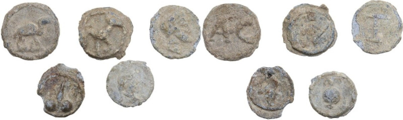 Leads from Ancient World. Lot of five (5) unclassified leaden tesserae. A nice s...