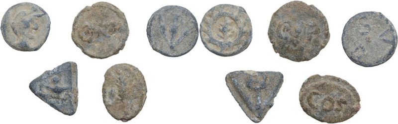 Leads from Ancient World. Lot of five (5) unclassified leaden tesserae. Various ...