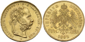 Austria. Franz Joseph (1848-1916). AV 8 Florins or 20 Francs 1892. Restrike. KM 2269; Fried. 502R. AV. 6.46 g. 20.75 mm. MS.