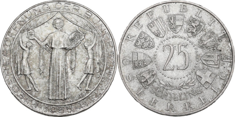 Austria. AR 25 Schilling, 1955, 'Bundestheater'. AR. 13.10 g. 30.00 mm. Toned. V...