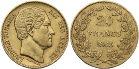 Belgium. Leopold I (1831-1865). AV 20 Francs 1865. KM 32; Fried. 411. AV. 6.44 g. 21.25 mm. AU.