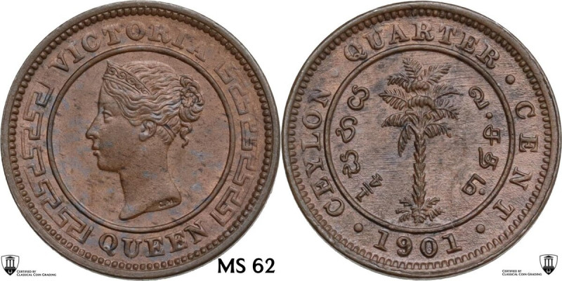 Ceylon. Victoria (1837-1901). CU 1/4 Cent 1901. KM 90. CU. 1.20 g. 14.00 mm. Enc...