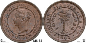 Ceylon. Victoria (1837-1901). CU 1/4 Cent 1901. KM 90. CU. 1.20 g. 14.00 mm. Encapsulated by Classical Coin Grading MS 62.