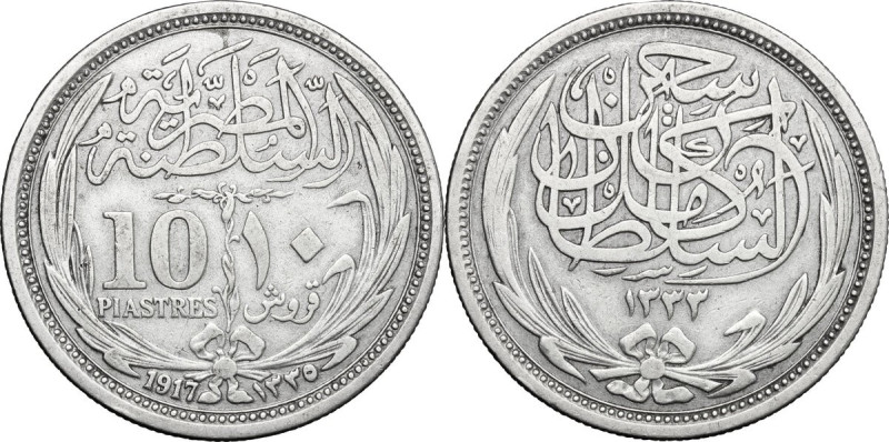 Egypt. AR 10 Piastres 1335 AH/1917. KM 319. AR. 13.62 g. 33.00 mm. About EF.