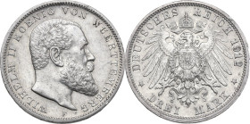 Germany. Wilhelm II of Württemberg (1891-1918). AR 3 Mark, Stuttgart mint, 1912F. KM 635. AR. 16.65 g. 32.75 mm. Good VF.