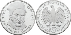 Germany. AR 5 Mark, Hamburg mint, 1977J. Commemorative issue for the 200th birthday of Carl Friedrich Gauss (1777-1855). Jaeger 420. AR. 11.60 g. 28.5...