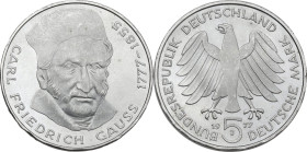 Germany. AR 5 Mark, Hamburg mint, 1977J. Commemorative issue for the 200th birthday of Carl Friedrich Gauss (1777-1855). Jaeger 420. AR. 11.10 g. 28.5...