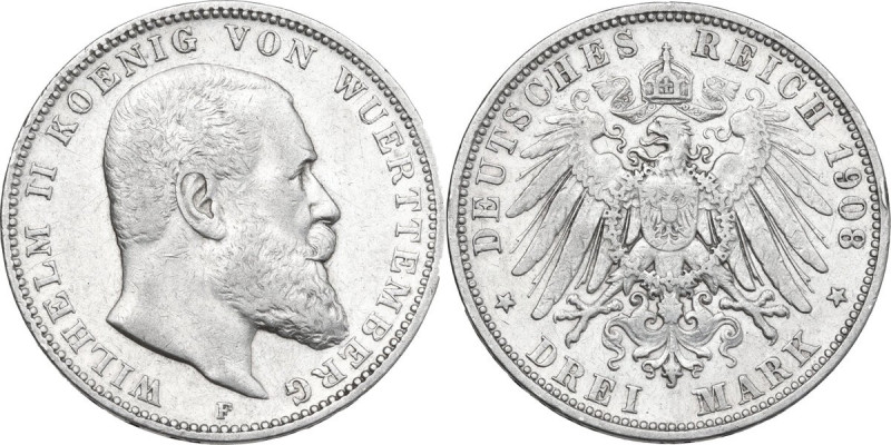 Germany. Wuerttemberg. Wilhelm II of Württemberg (1891-1918). AR 3 Mark, Stuttga...