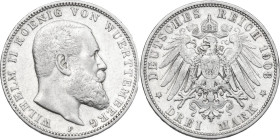 Germany. Wuerttemberg. Wilhelm II of Württemberg (1891-1918). AR 3 Mark, Stuttgart mint, 1908F. AR. 16.62 g. 33.00 mm. VF.