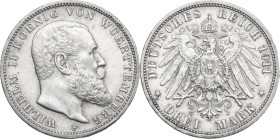 Germany. Wuerttemberg. Wilhelm II of Württemberg (1891-1918). AR 3 Mark, Stuttgart mint, 1911F. AR. 16.62 g. 32.50 mm. Good VF.
