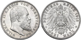 Germany. Wuerttemberg. Wilhelm II (1891-1918). AR 3 Mark, Stuttgart mint, 1913. Obv. Head of Wilhelm right. Rev. Imperial eagle. AR. 16.66 g. 33.00 mm...