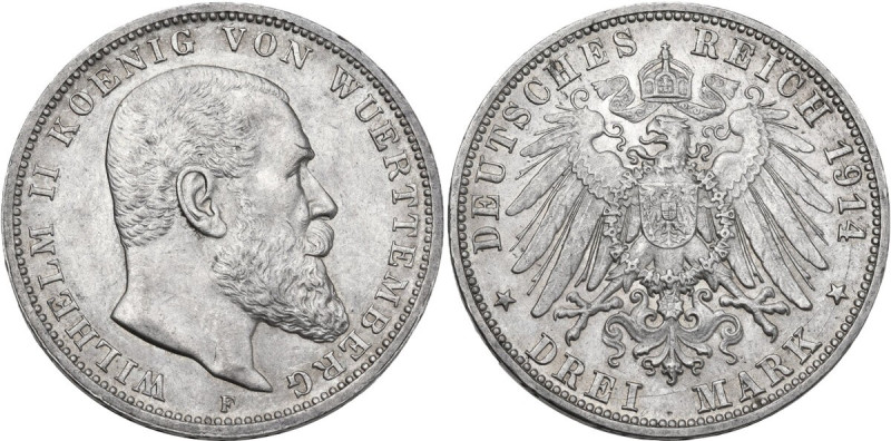 Germany. Wuerttemberg. Wilhelm II (1891-1918). AR 3 Mark, Stuttgart mint, 1914. ...