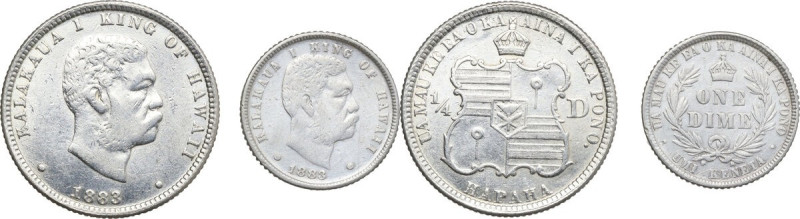 Hawaii. Kalakaua (1874-1891). Lot of 2 AR coins; including: Quarter Dollar 1883 ...