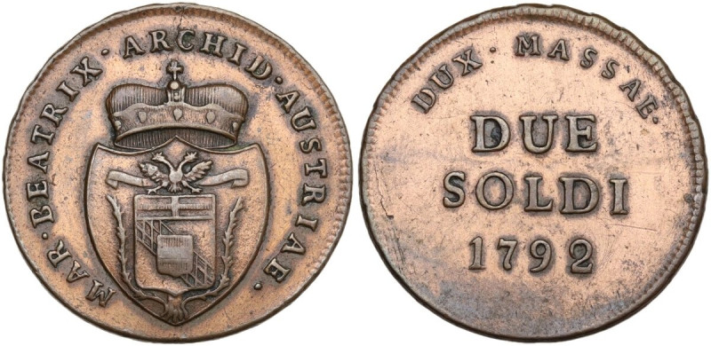 Italy. Maria Beatrice d'Este Cybo Malaspina (1790-1796). CU Due Soldi 1792, Mass...