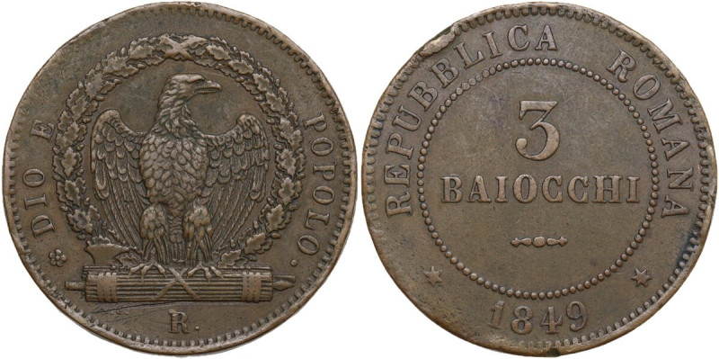 Italy. Repubblica Romana (1849). AE 3 Baiocchi 1849, Roma. CNI 6; M. 5; Pag. (Re...