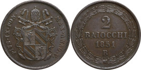 Italy. Pio IX (1846-1878). AE 2 Baiocchi 1851, Bologna mint. KM 1344. AE. 19.72 g. 34.00 mm. About VF.