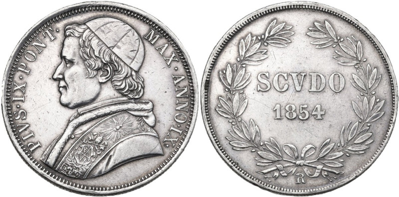 Italy. Pio IX (1846-1878). AR Scudo 1854 A. IX, Roma. Pag. (Regno) 396; Mont. 13...