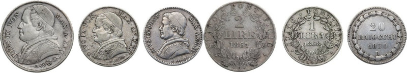 Italy. Pio IX (1846-1878). Lot of three (3) silver coins, including; 2 Lire 1867...