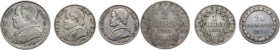 Italy. Pio IX (1846-1878). Lot of three (3) silver coins, including; 2 Lire 1867, 1 Lira 1868, 20 Baiocchi 1850. Roma mint. AR.