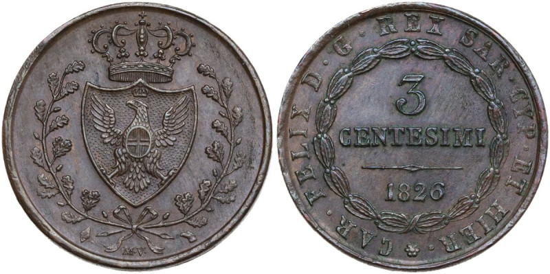 Italy. House of Savoy. Carlo Felice (1821-1831). AE 3 Centesimi, Torino mint, 18...