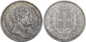 Italy. House of Savoy. Vittorio Emanuele II, Re di Sardegna (1849-1861). AR, 5 lire 1851 Genova mint. Pag. (Regno) 372; MIR (Savoia) 1057c. AR. 24.76 ...