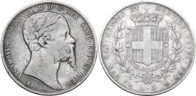 Italy. Vittorio Emanuele II (1849-1861). AR 5 lire 1854 Genova mint. Pag. (Regno) 377; Mont. 496. AR. 24.71 g. 37.00 mm. R. Rare. Graffiti on the neck...