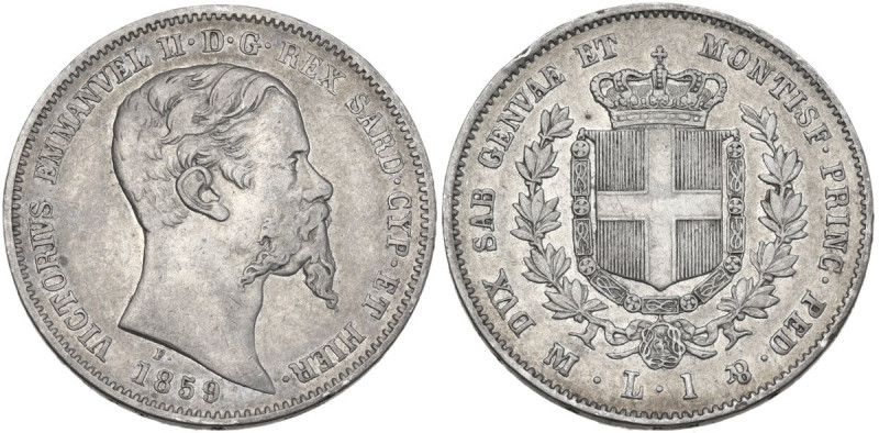 Italy. House of Savoy. Vittorio Emanuele II (1849-1861). AR 1 Lira 1859, Milano ...