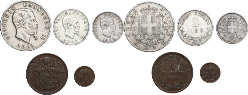 Italy. Lot of five (5) silver and bronze coins, including; 1 Baiocco 1851 (Bolog...