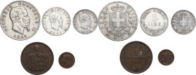 Italy. Lot of five (5) silver and bronze coins, including; 1 Baiocco 1851 (Bologna), 1 Lira 1863 (MIlano), 2 Lire 1863 (Torino), 5 Lire 1869. (Milano)...
