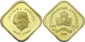 Netherlands Antille. Juliana (1948-1980). AV 300 Gulden 1980. KM 29.2. AV. 5.05 g. 21.00 mm. PROOF.