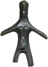 UMBRO-SABELLIAN FIGURINE Central Italy, Umbria, 4th-3rd century BC. Bronze statuette depicting a stylised male figure with outstretched arms and legs....