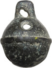 BRONZE TINTINNABULUM Celtic Balkans, 3rd to 1st century BC. Spheroidal bronze tintinnabulum with suspension hook and functional holes. Iron ball insid...