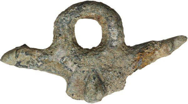 ROMAN PHALLIC AMULET Roman period, c. 1st-2nd century AD. Cast bronze pendant in...