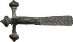 AMAZING CROSSBOW FIBULA Roman period, c. 3rd century AD. Roman bronze 'crossbow' fibula with incised decoration with oblique lines on the bow and rows...