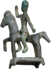 EQUESTRIAN STATUETTE GROUP Roman period, Balkans, c. 3rd-4th century AD. Bronze group composed of two elements; a horseman and his horse. The stylisti...
