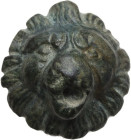 BRONZE LION'S HEAD Roman period, c. 1st-3rd century AD. Bronze Roman lion's head in frontal view. Details of the animal's mane and features rendered i...