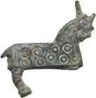 ROMAN BRONZE BROOCH Roman period, Balkans, c. 3rd-4th century AD. Roman bronze fibula in the form of a quadruped (horse?), hooped decoration. Lenght: ...