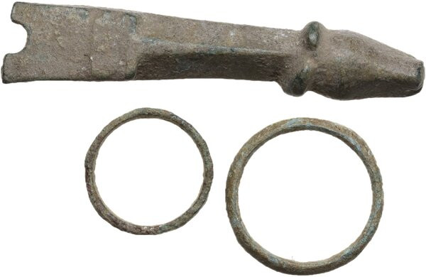 THREE ITEMS From Roman period to Medieval period. Lot of three (3) bronze items;...