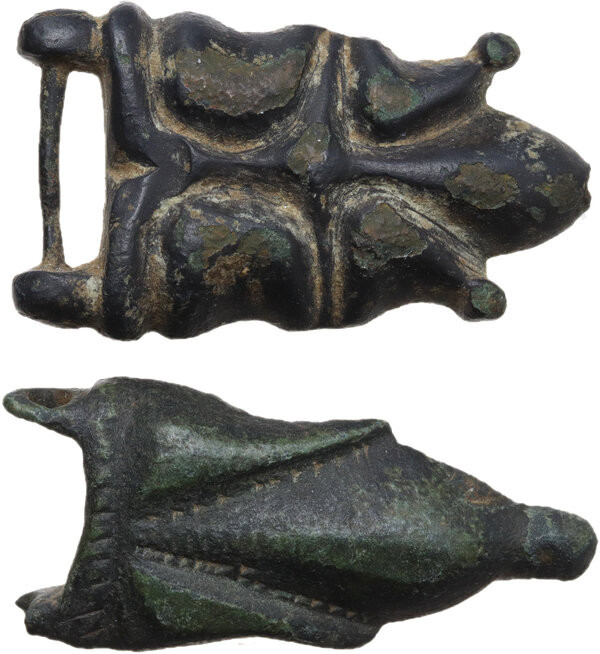 TWO BYZANTINE BRONZE BELTS Byzantine, c. 7th century AD. Lot of two Byzantine br...