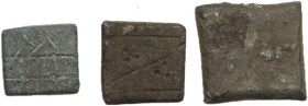 THREE SCALE WEIGHTS Byzantine. Lot of three (3) square shaped scale weights. 13 and 11 mm. Interesting study lot. Various signs inscribed and differen...