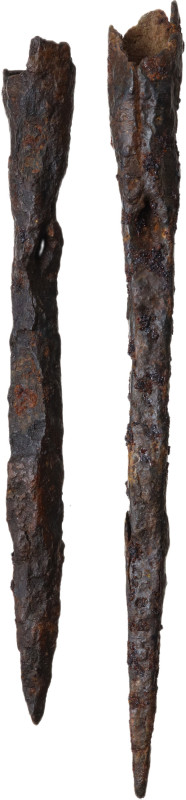 MEDIEVAL JAVELIN SPIKES Early medieval period. Two medieval iron javelin spikes....